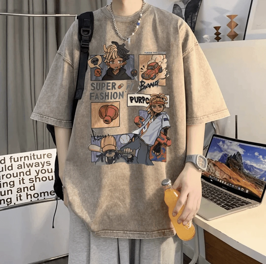 夏季美式复古水洗做旧重磅短袖t恤男士新款潮牌宽松半袖体恤上衣