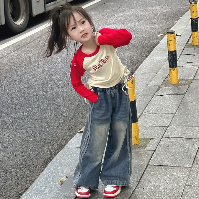 女童裤子春秋2025新款洋气儿童宽松牛仔裤时髦女孩阔腿休闲裤秋装