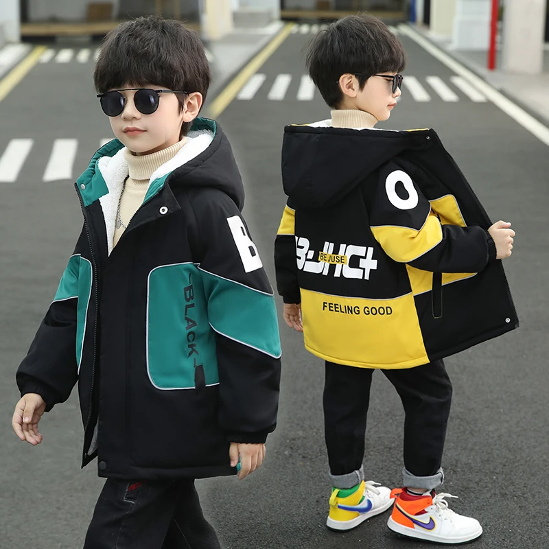 男童棉服冬装洋气男孩中长款加绒加厚冬款中大童外套冬季连帽棉衣