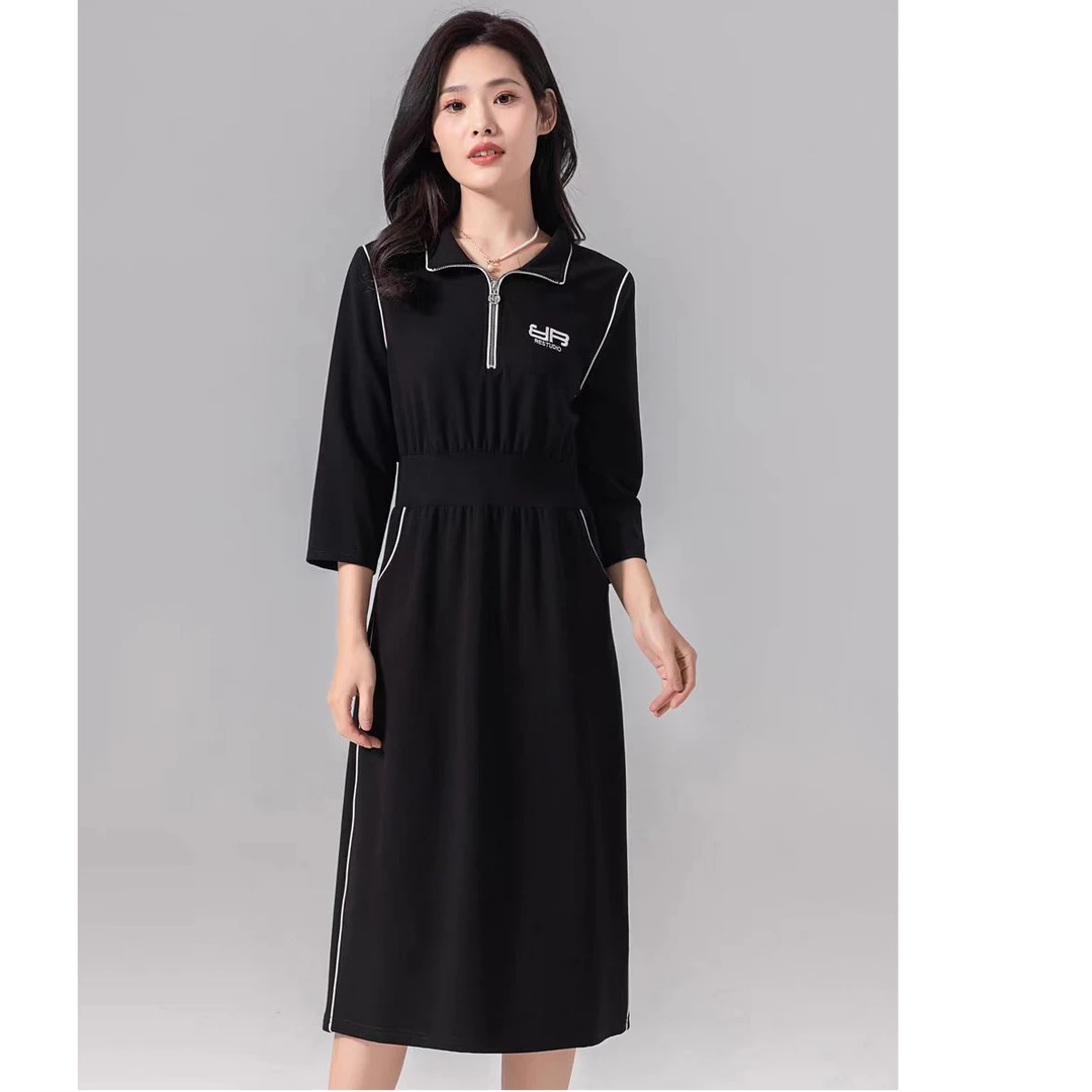 中长款黑色休闲连衣裙女2024春秋款气质专柜正品裙子L602-1