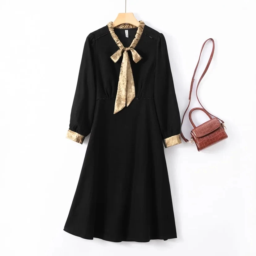 燕妮雅姿连衣裙中长款飘带优雅显瘦A字裙L192