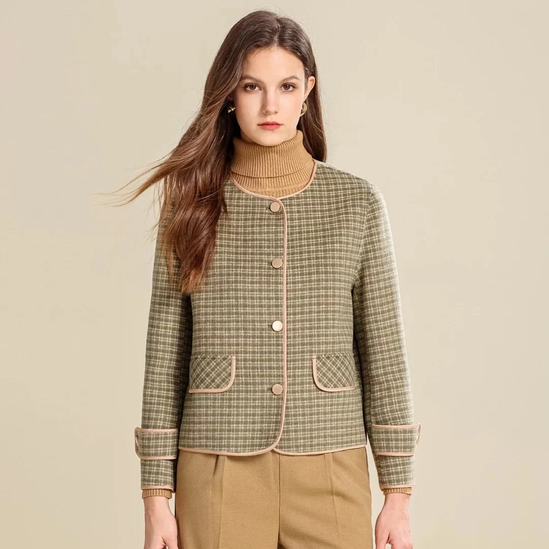 燕妮雅姿新款英伦复古圆领格纹宽松短款气质百搭上衣女外套M501
