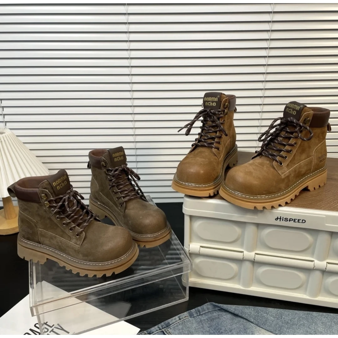 晶姐7586-7时尚大气简约马丁靴百搭棕色潮流厚底高帮秋季系带