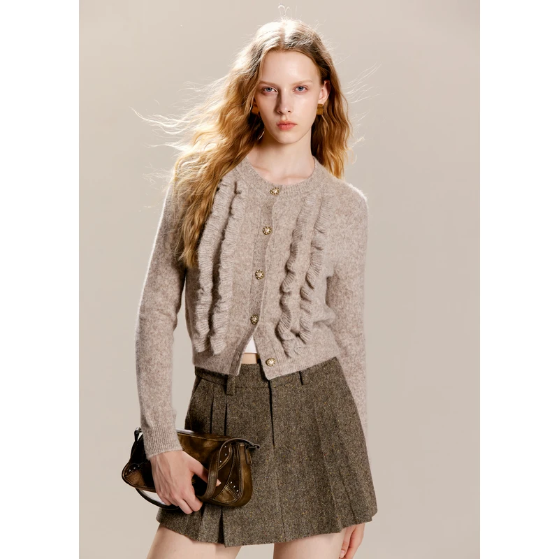 【邱莹莹粉丝专享】missCOCOON美拉德开衫毛衣荷叶边针织衫0057