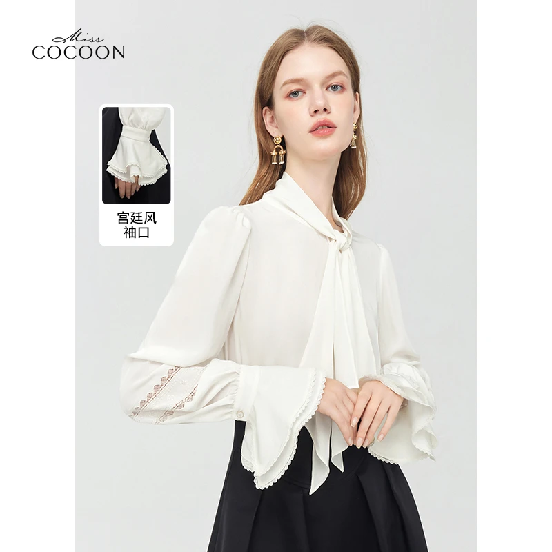 【千颂妮粉丝专享】missCOCOON刺绣荷叶边飘带雪纺衫女0010