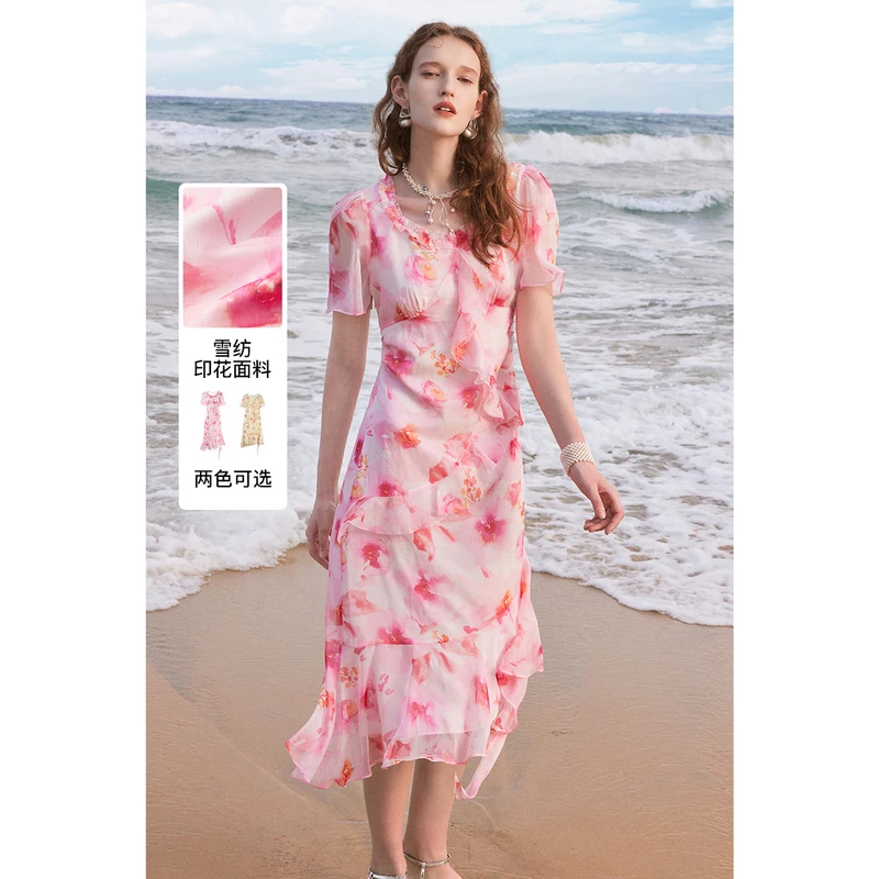 missCOCOON多巴胺荷叶边雪纺连衣裙0065