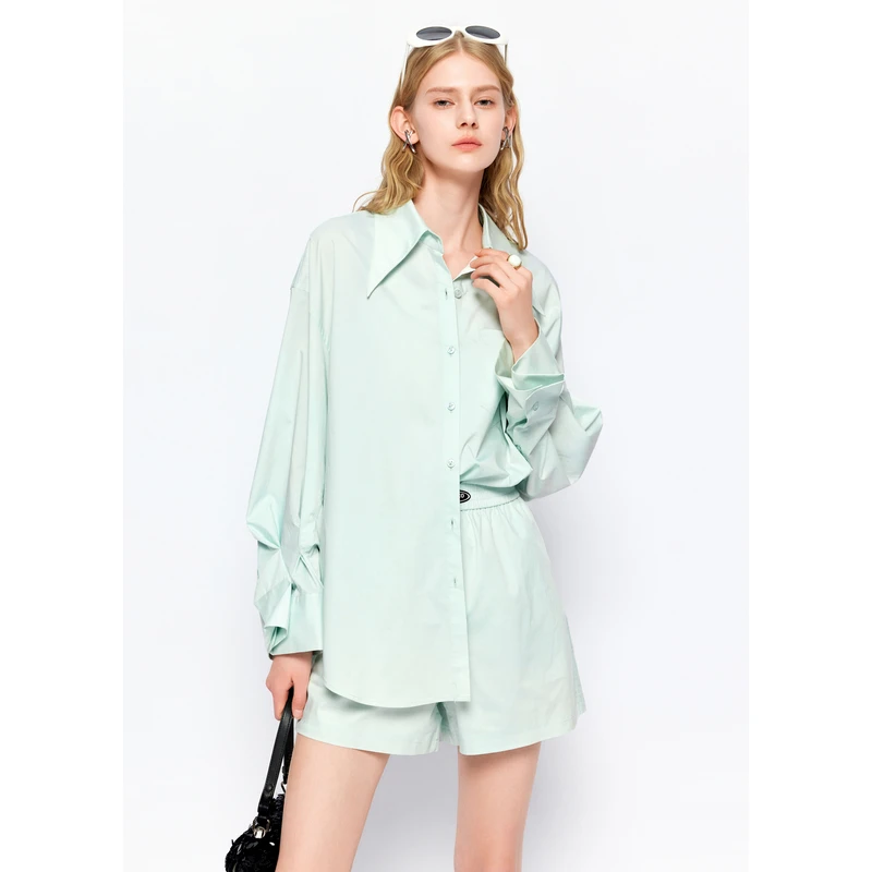 【千颂妮粉丝专享】missCOCOON不规则喇叭袖宽松衬衫两件套0226