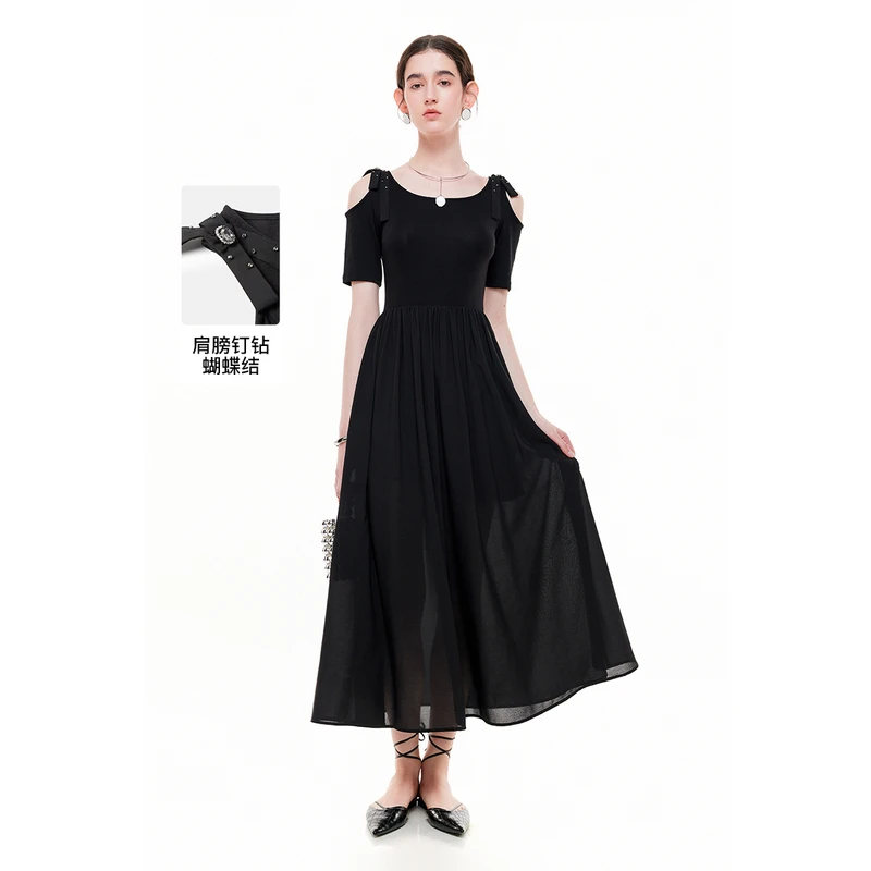 MISSCOCOON春夏U领烫钻露肩拼接小礼服