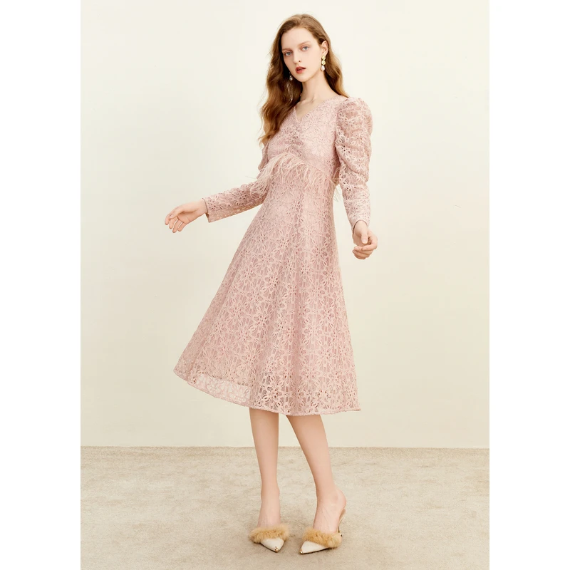 【千颂妮粉丝专享】missCOCOON羽毛装饰股线蕾丝长裙0503