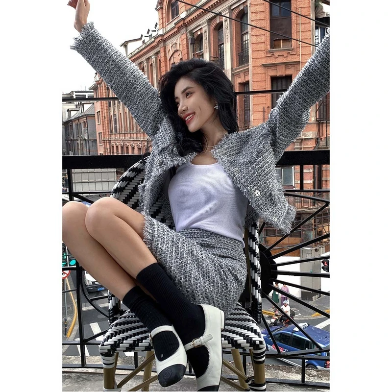 missCOCOON老钱风灰色粗花呢短外套女上衣0203