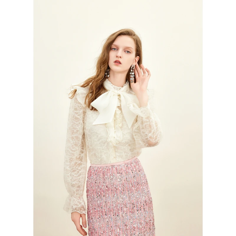 missCOCOON女荷叶边飘带羽毛纱蕾丝衬衫0201