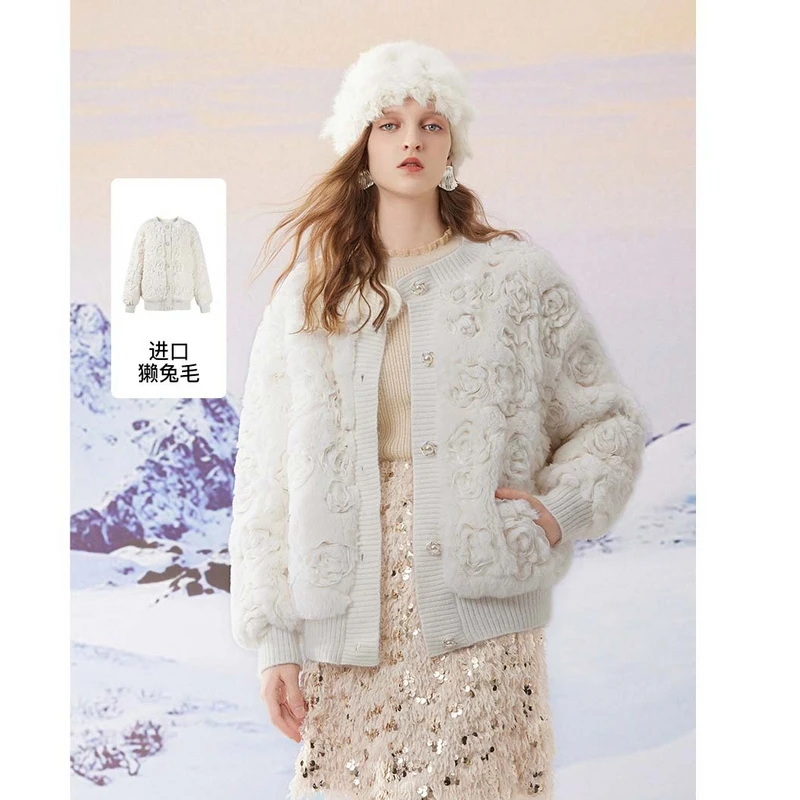 missCOCOON珍新立体盘花肌理兔毛短外套5393