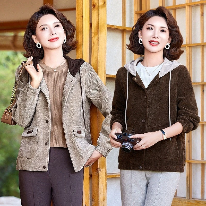 中年妈妈春秋新款时尚洋气连帽外套休闲上衣中老年人女士外穿开衫