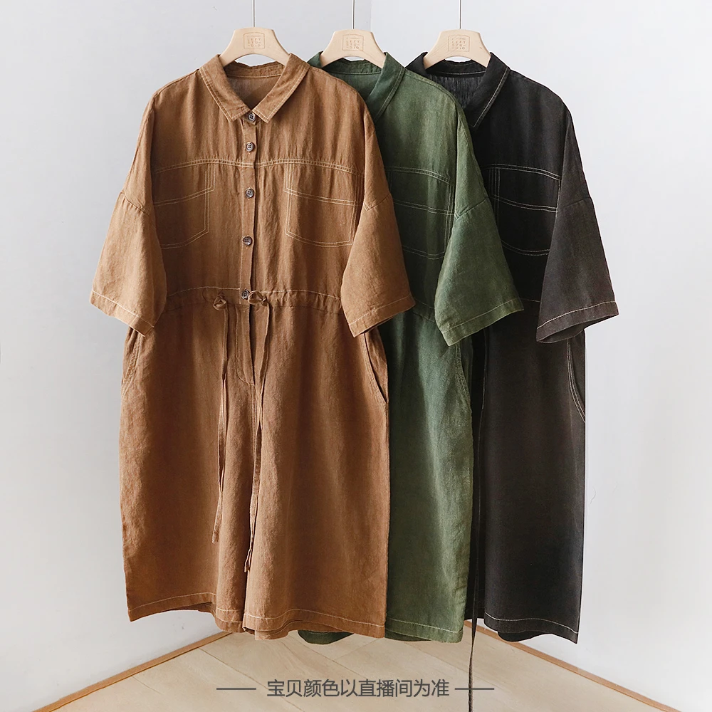 夏季新款复古做旧明线抽绳宽松休闲亚麻连体七分裤休闲裤 YF22329