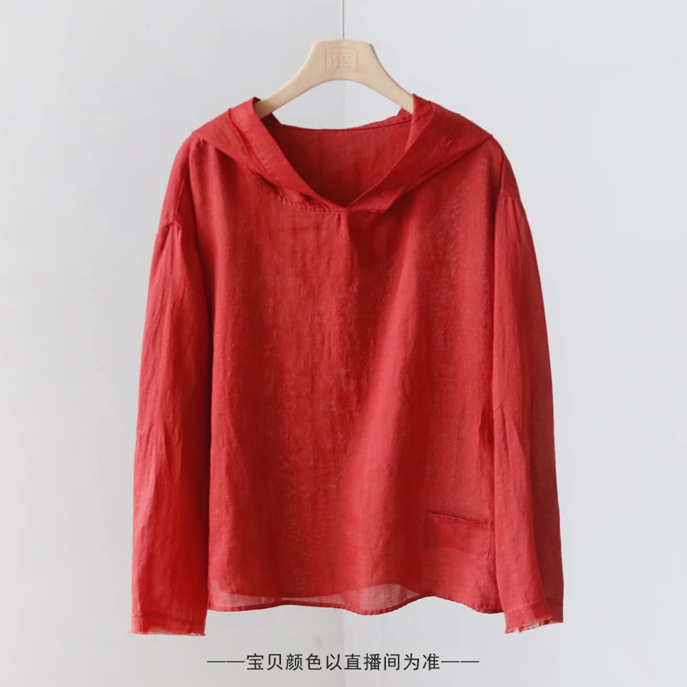 文艺范宽松纯色连帽苎麻小衫 春秋款百搭休闲带帽衬衫上衣 3SP37