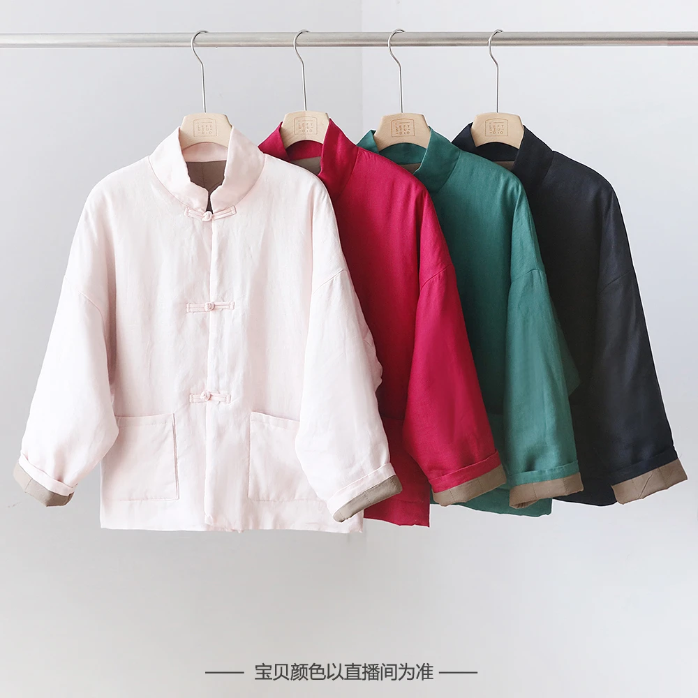 新中式立领夹棉加厚保暖亚麻棉衣 女撞色盘扣国风棉服外套 3SP56