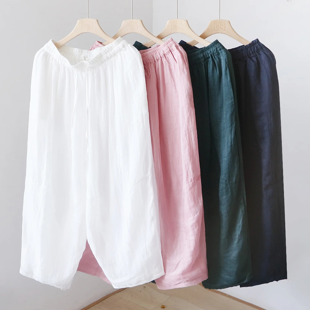 文艺范春夏苎麻宽松遮肉双层哈伦裤 松紧腰休闲长裤麻裤子 4SP203