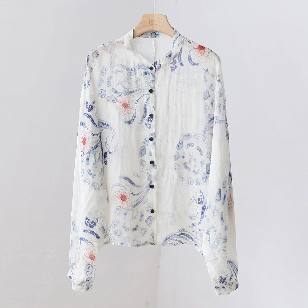 文艺数码印花立领落肩袖宽松显瘦 薄款苎麻衬衫防晒衣上衣 3SP100