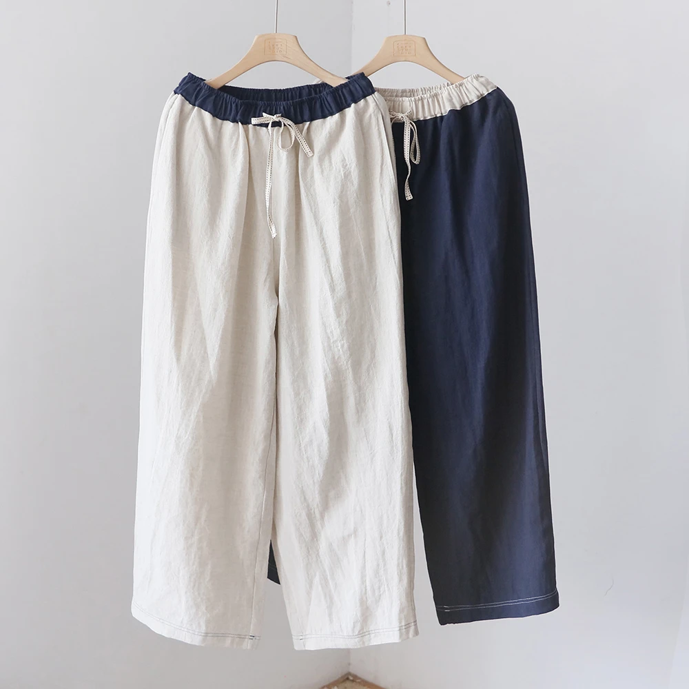文艺撞色松紧腰复古休闲裤 宽松系带显瘦亚麻阔腿裤长裤 091TK