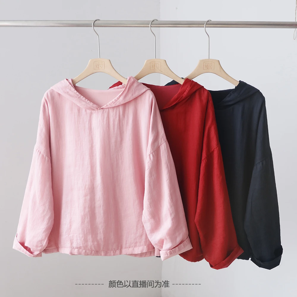 文艺范纯色落肩袖连帽苎麻双层小衫 百搭带帽宽松长袖上衣 3SP77