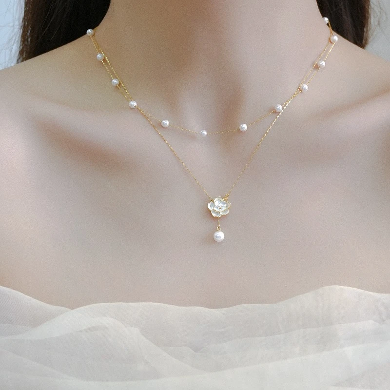 铜合金仿珍珠项链 双层叠戴山茶花项链女流苏吊坠锁骨链新款颈链
