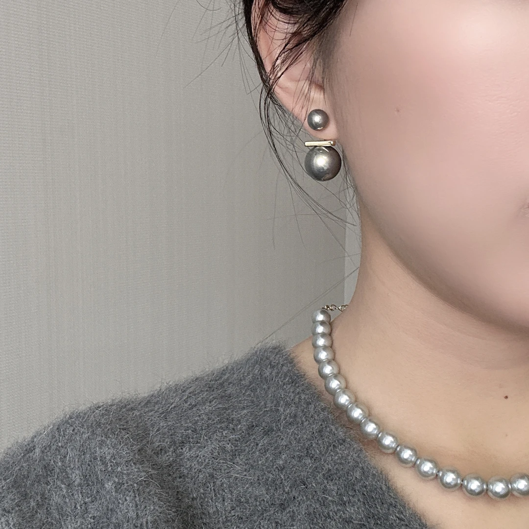 合金仿珍珠耳饰 一款两戴平衡木大小高级灰一字小众耳钉气质耳饰