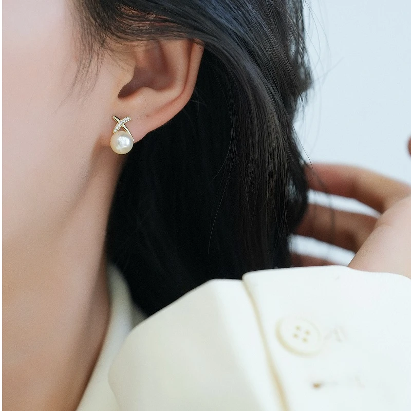 铜合金仿珍珠耳饰 925银针优雅气质韩版耳环交叉耳环ins网红百搭