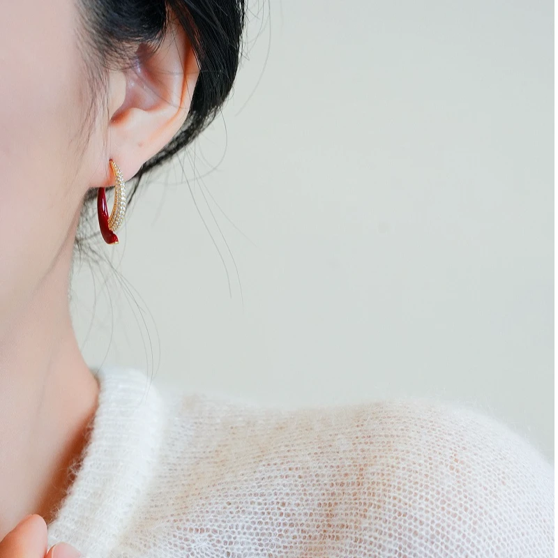 铜合金耳饰 925银针前后两戴两弧红色耳环2025新款爆款秋冬轻奢女