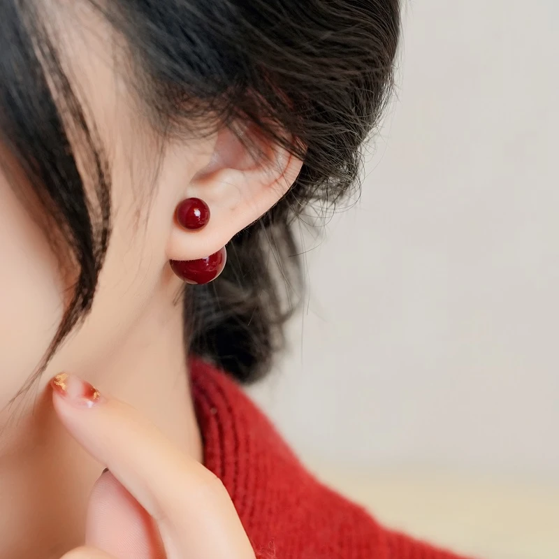 铜合金仿珍珠耳饰 双面大小耳钉红色新年耳环爆款高级感2024耳饰