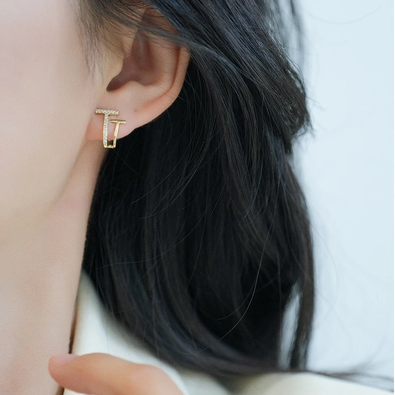 铜合金耳饰 925银针耳环女高级感独特设计感双T字耳环气质2024款