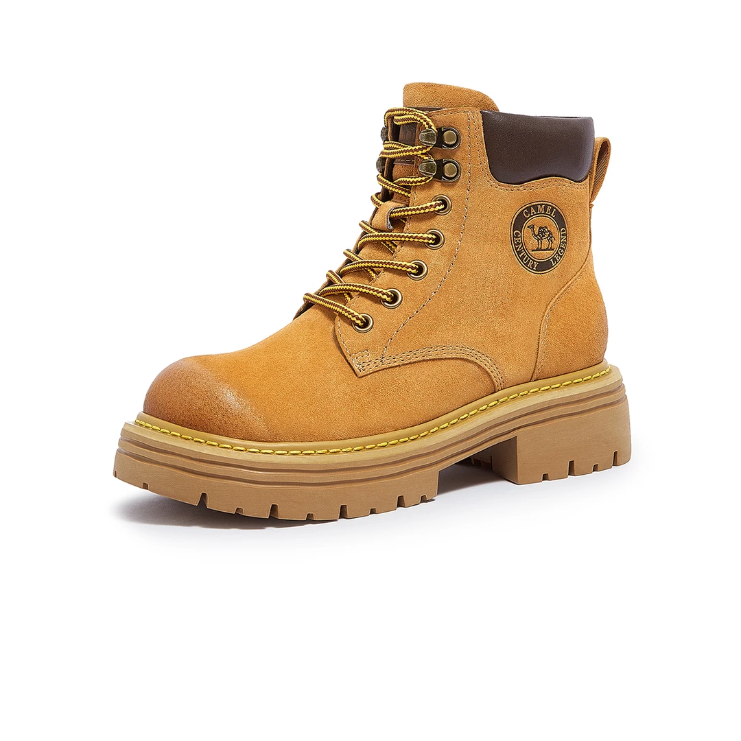 骆驼女鞋2023复古厚底英伦风靴子舒适工装户外马丁靴女L23W076038