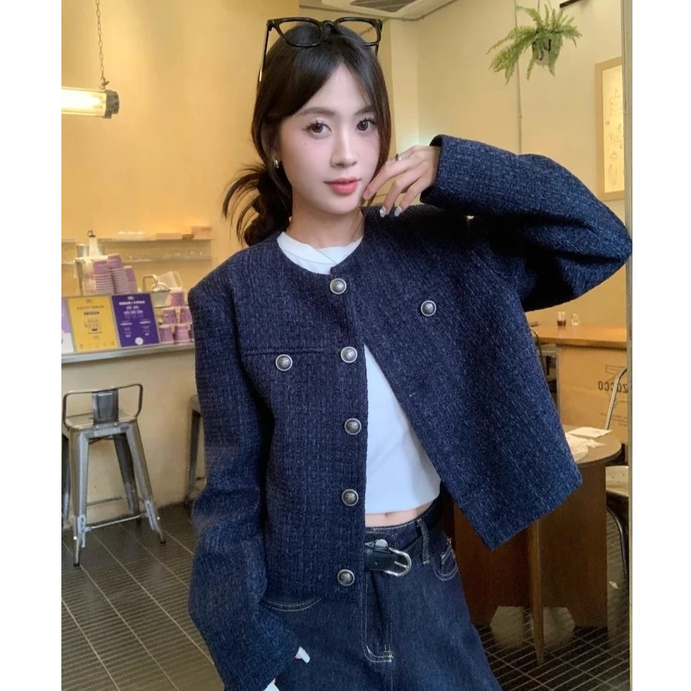 MidniteStar【运费补贴】藏蓝色小香长袖外套气质短骑行服上衣百搭