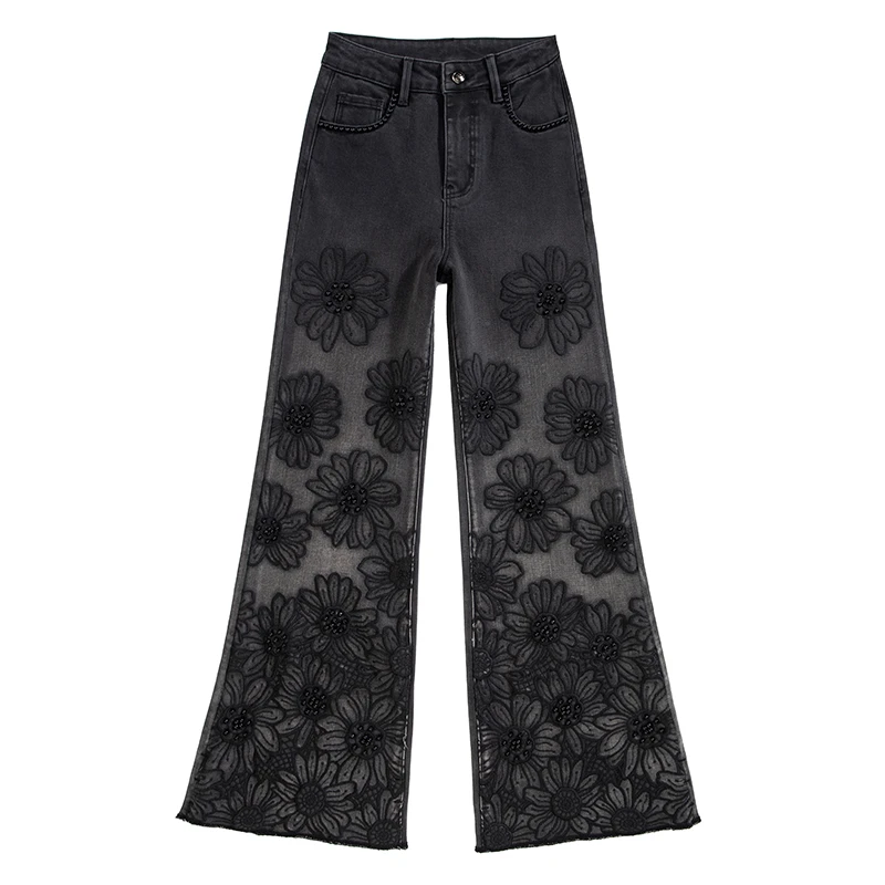 秋季新款重工设计师太阳花钉珠刺绣喇叭裤高腰宽松显瘦时尚牛仔裤