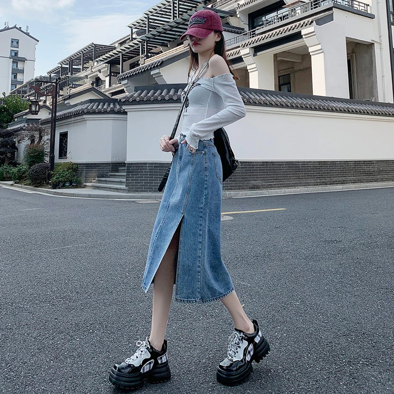 2024高腰开叉牛仔半身裙女新款时尚显瘦气质中长款长裙子包臀