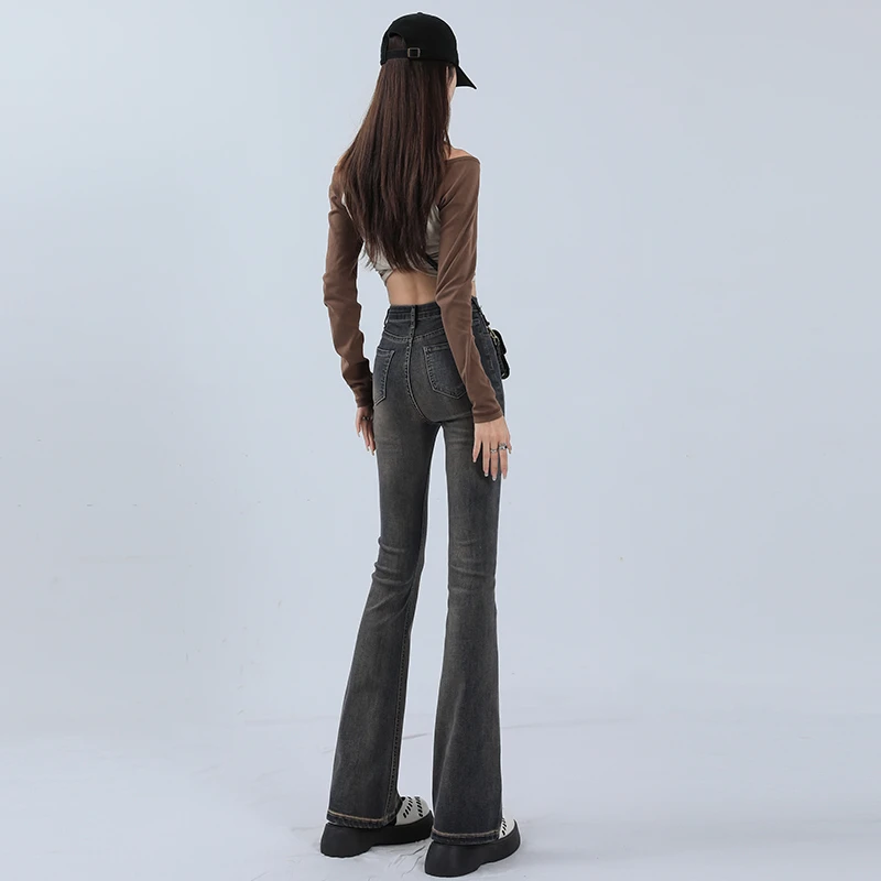 2025春秋新款复古高腰女款流行微喇叭牛仔裤显瘦修身爆款马蹄裤