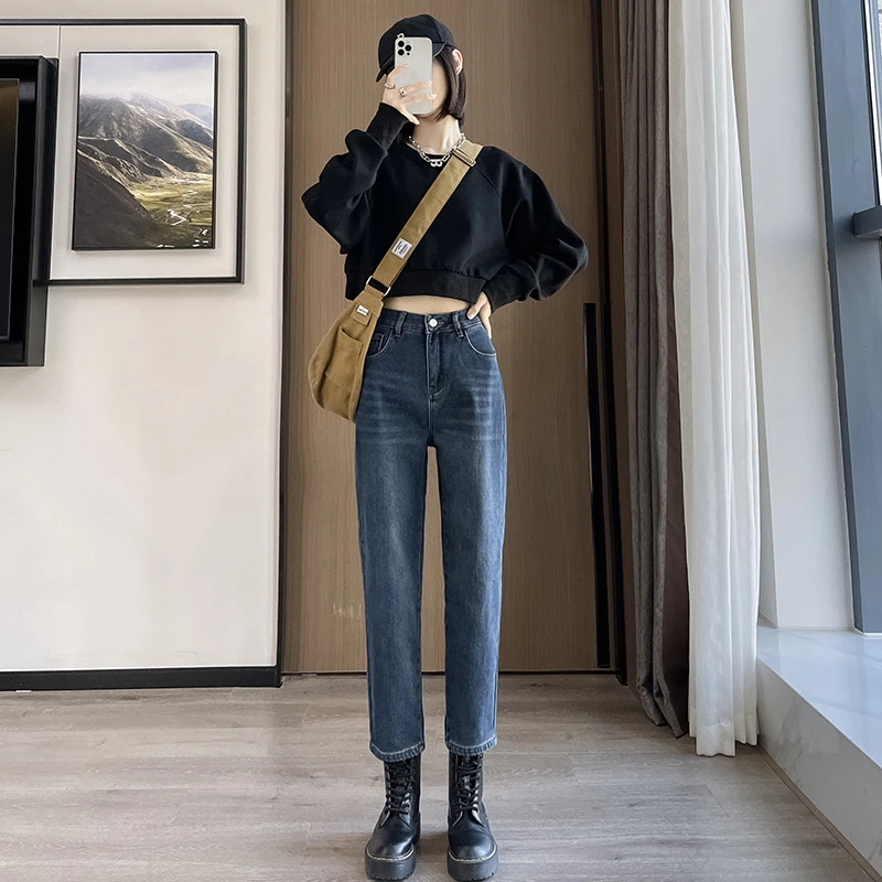 小个子老爹裤女高腰高腰卷边加绒牛仔裤百搭秋冬外穿直筒长裤复古