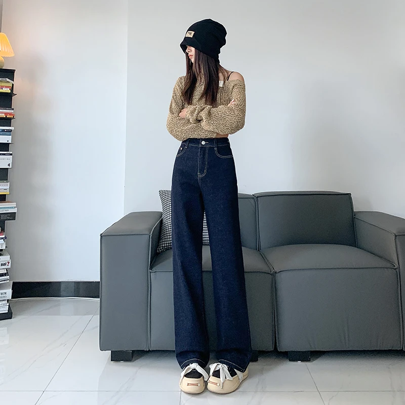 春秋新款高腰时尚复古百搭休闲显瘦弹力设计感直筒牛仔裤小个子