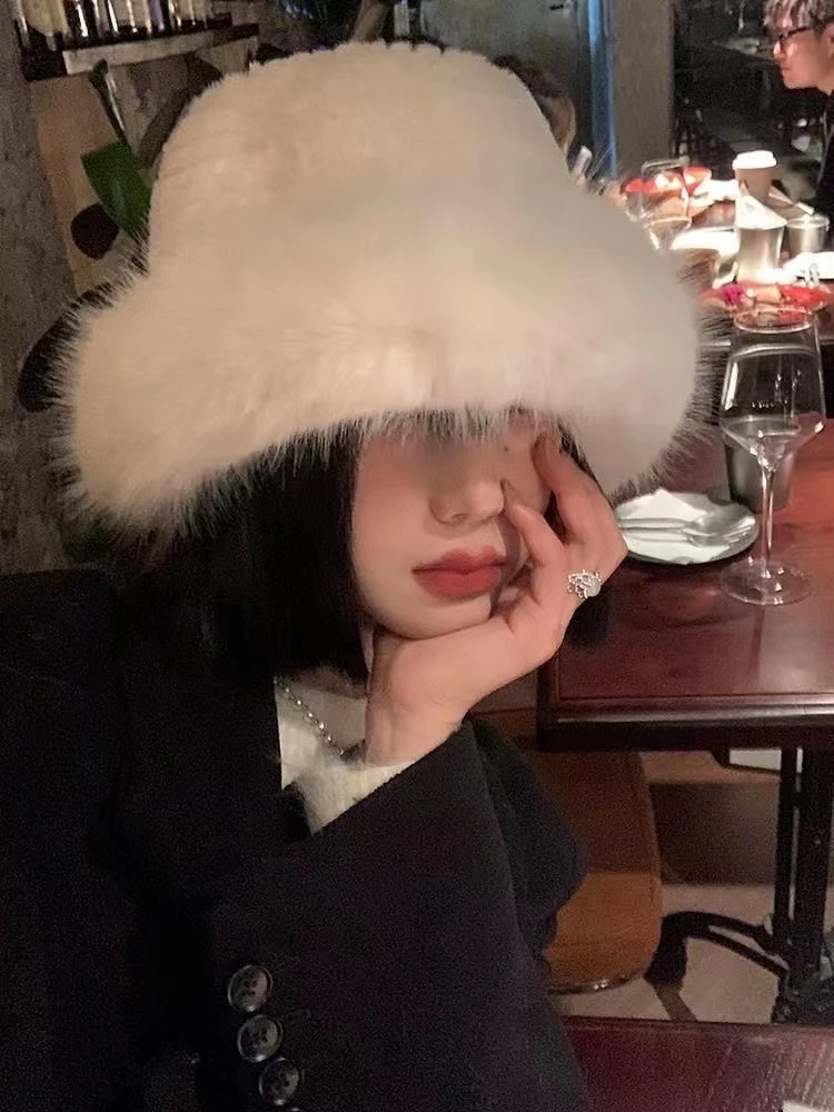 (130~许半夏同款)软糯毛绒盆帽女秋冬季加厚防寒保暖显脸小渔夫帽