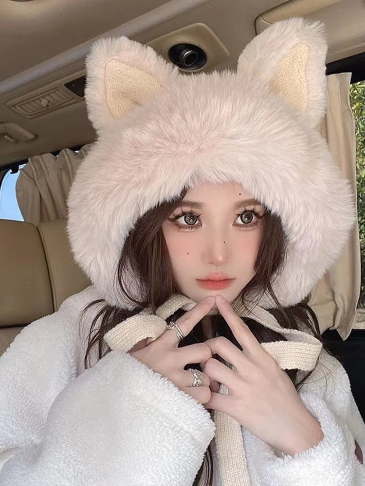 （320~狐狸耳朵）可爱萌趣套头帽女大头显脸小时尚保暖绑带包头帽