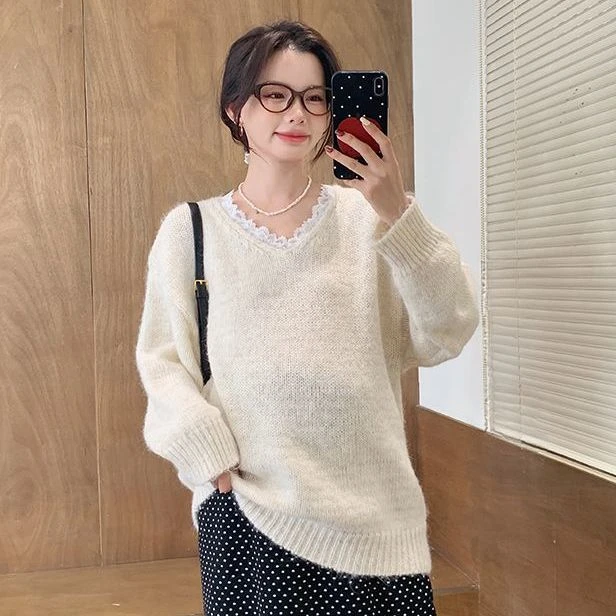 小众蕾丝拼接花边外套毛衣女装秋冬新款长袖针织衫慵懒宽松上衣