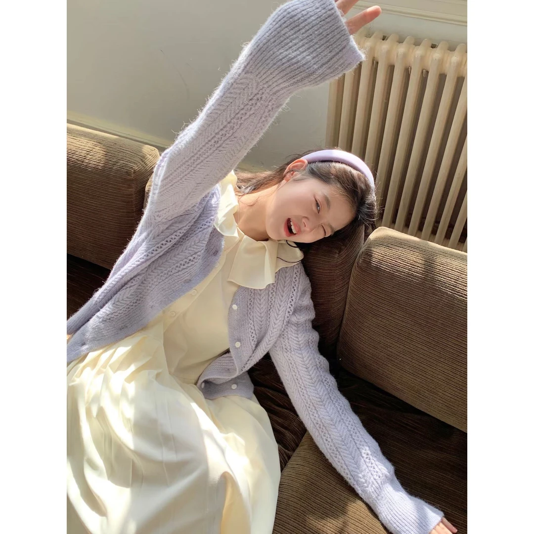 MINETTE蓝紫/米白 宽松镂空针织开衫女早春短款显瘦长袖外套女春