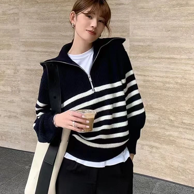 复古翻领半拉链条纹针织毛衣女秋冬新款韩版百搭宽松慵懒上衣外穿