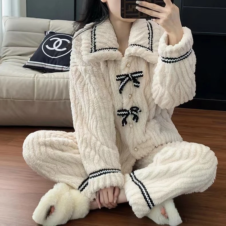 蝴蝶结睡衣套装秋冬甜美两件套可外穿家居服