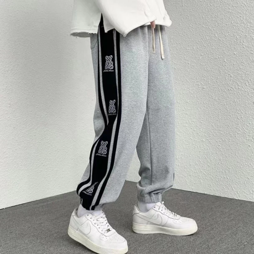 高街侧面小熊印花休闲运动裤宽松潮流情侣长裤91011