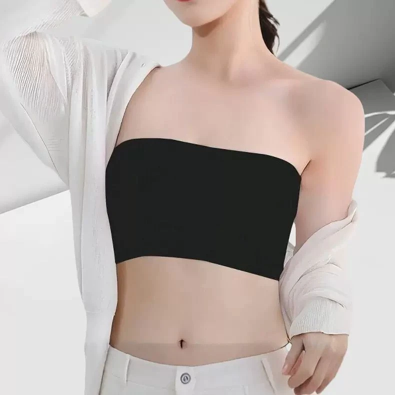 黑色棉质一片式抹胸内衣女防走光遮胸内搭打底无肩带围胸防滑裹胸