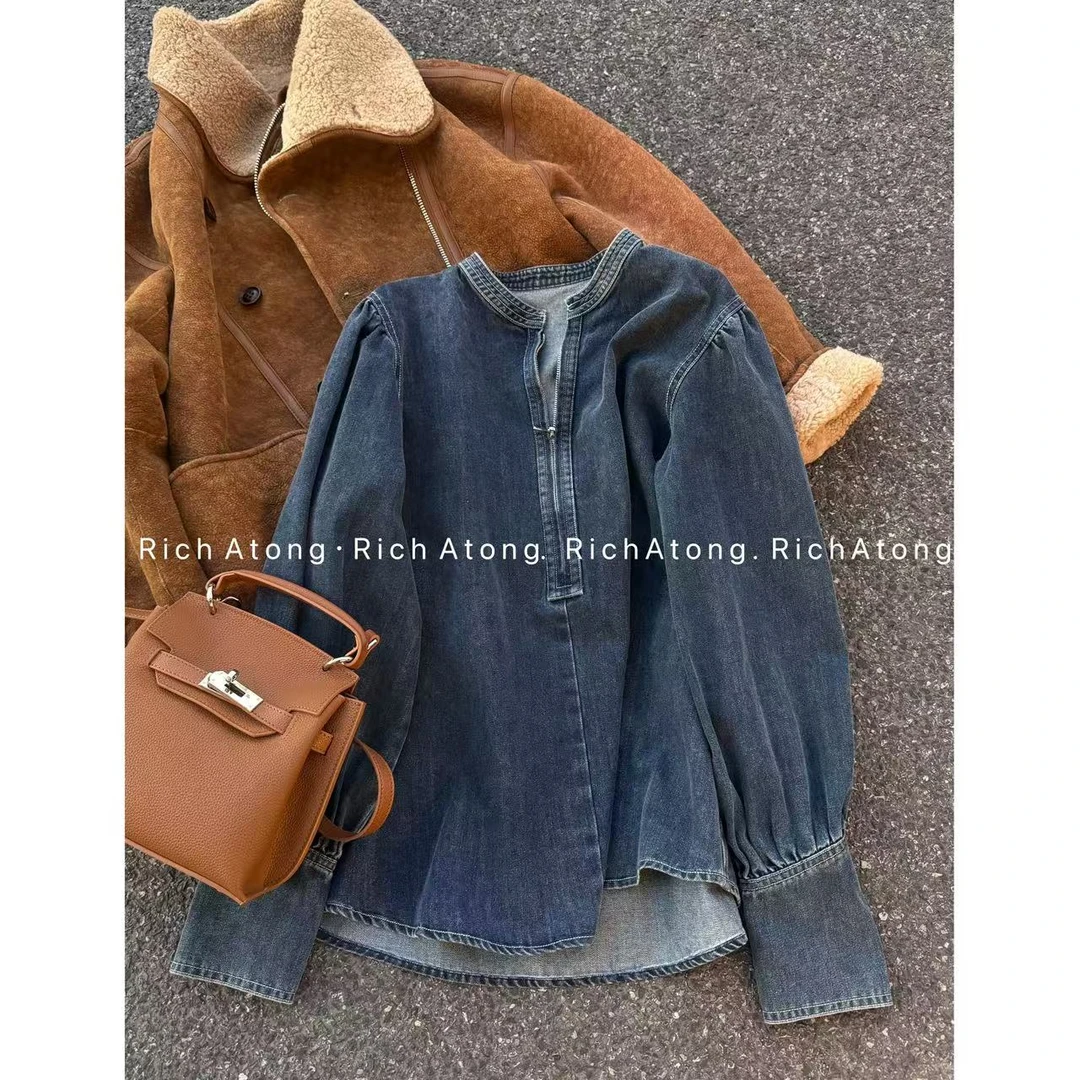 atong/阿彤-【法式牛仔】-2024领口褶皱半拉链休闲衬衫韩版