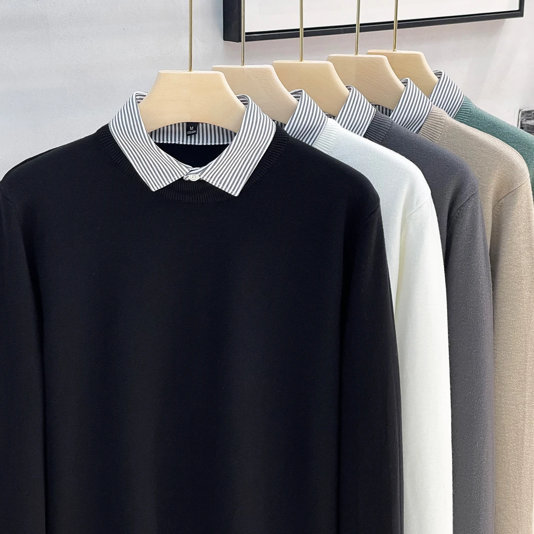 男士衬衫领长袖针织衫秋冬款休闲新款打底衫保暖冬季假两件衬衫男