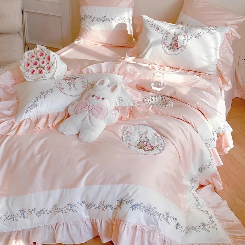 纯棉少女心可爱刺绣床品套件公主风高支高密贡缎全棉四件套彼得