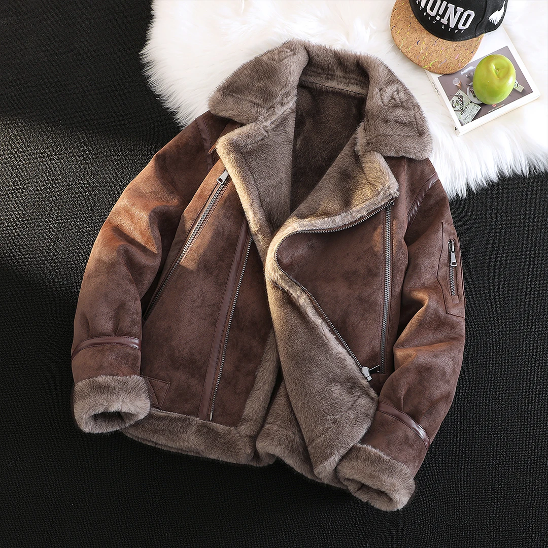 高端皮毛一体外套男士冬季加绒加厚翻领皮夹克保暖皮衣机车服冬装