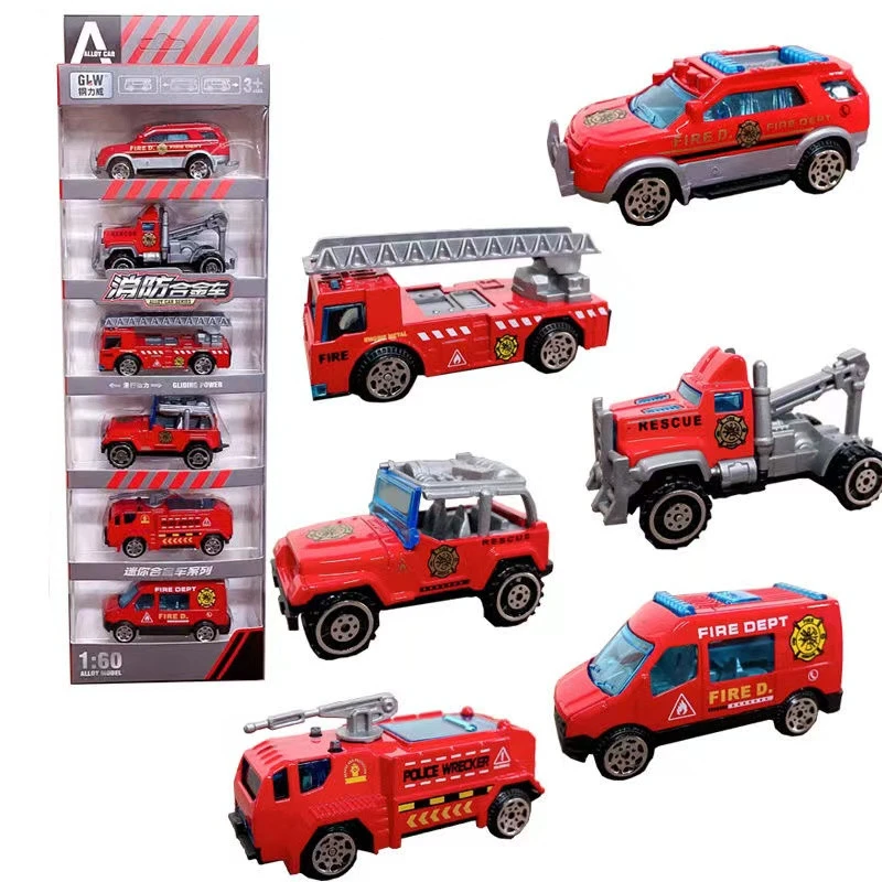 【可】钢力威迷你合金滑行消防车6只仿真锌合金消防车玩具车模型